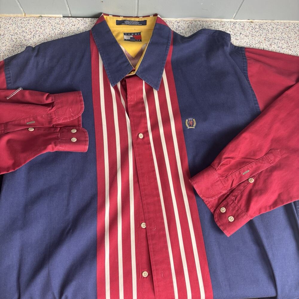 Vintage Y2K TOMMY HILFIGER Men’s Long Sleeve Striped XL Preppy Collar Top Shirt